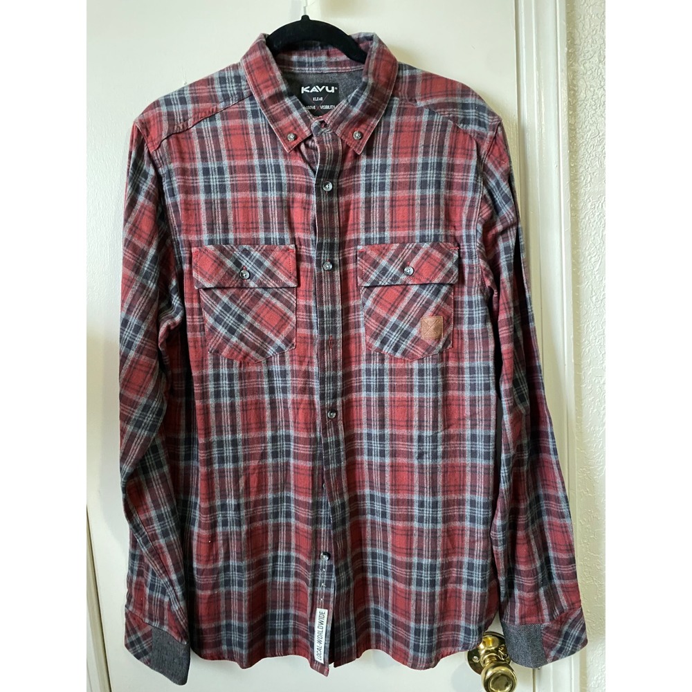KAVU Klear Above Visibility Unlimited Mens Plaid Button Down Shirt‎ Red Grey M